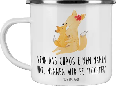 Produktbild von Mr. & Mrs. Panda Emaille Tasse Chaos Tochter - Weiß - Geschenk, Liebe, einzigartige Designs, Verwandte, Pott, becher, Freude, Familie, Haferl, Einfallsreichtum, Teetasse