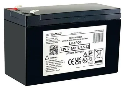 Imagen del producto de Batería LiFePO4 de 12V con cargador - Capacidad de 7.5 Ah - Dimensiones: 151x65x98 mm - Peso: 980 g