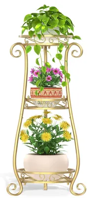 Produktbild von Dreistöckiger, hoher Pflanzenständer aus Metall für drinnen und draußen, 89 cm hoher Blumentopfständer aus Edelstahl, mehrere stabile, runde Pflanzenregale für die Terrasse, goldfarben