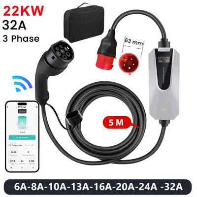 Productafbeelding van Hexinex 22 kW mobiele laadpaal – 3-fasig, 32A, 5 meter kabel, Type 2, bedienbaar via app, IP65, met 9-voudige beveiliging en timer