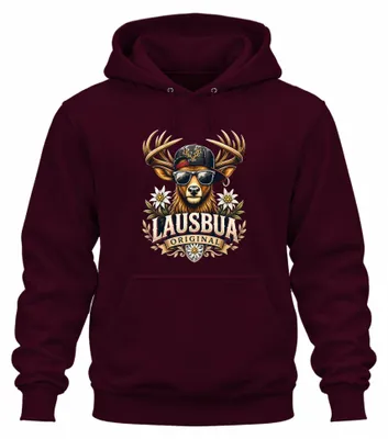 Obrázek produktu pro Pánské tričko s motivem "Lausbua Original Hirsch", kožená sukně "Lederhose", sukně "Dirndl", mikina s kapucí, barva: vínová, velikost: M