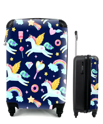 Produktbild von MuchoWow® Koffer Handgepäck Trolley Rollkoffer Kleine Reisekoffer mit 4 Rollen - Einhorn - Regenbogen - Diamant - Muster - Cabin Size < 55x40x23 cm & 55x40x20 cm - Fotokoffer - Kabinenkoffer - Boardgepäck - Reise-Box - Reisekoffer - Reisegepäck - Koffer mit Bild - Trolley für Kinder