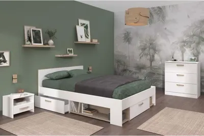 Produktbild von Komplettes Schlafzimmer für Erwachsene: Bett 140 x 190/200 cm + 2 Nachttische + Kommode – Weiß und Eiche