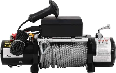 A black electric winch with a steel cable wound around the drum, set against a white background.