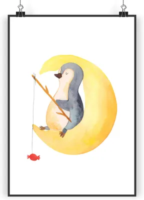 Produktbild von Mr. & Mrs. Panda Bild Pinguin Mond DIN A3 - Weiß - Geschenk, Erschöpft, Posterdruck, schlafen, drucke, Plakat, Angel, Spruch, Süßigkeiten, Kunstdruck, wanddeko