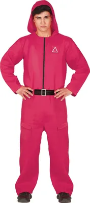 A young person wearing a pink hooded jumpsuit with a black belt and a white triangle symbol on the chest.