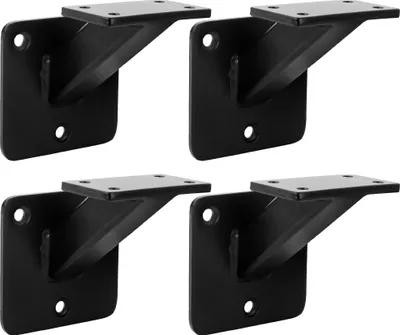 Four black metal handrail brackets are arranged in a two-by-two grid against a white background.