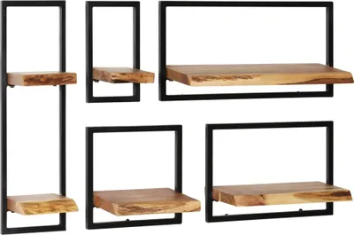 Produktbild von Wandregal-Set 5-tlg. Akazienholz Massiv und Stahl