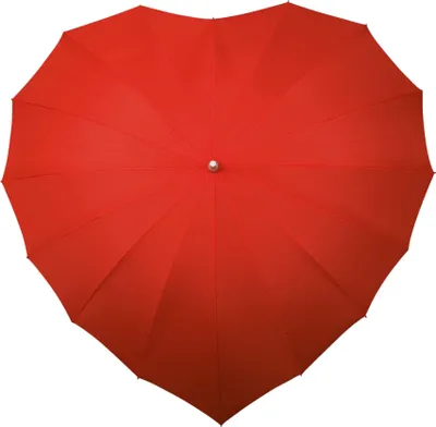 A red heart-shaped umbrella viewed from directly above.