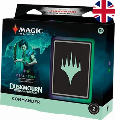 A Magic: The Gathering Commander deck box for the Duskmourn: House of Horror set, featuring the 'Death Toll' theme.