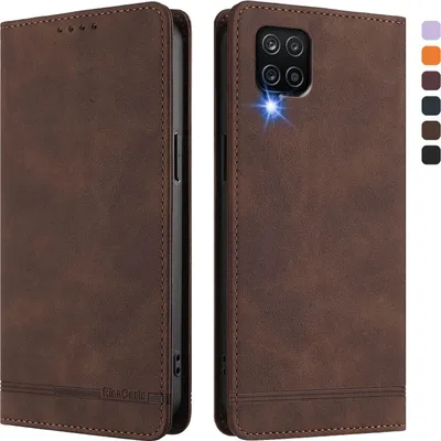 Image de Etui pour Samsung Galaxy A12, étui rétro en cuirPolyuréthaneavec support et fentes pour cartes de crédit Marron