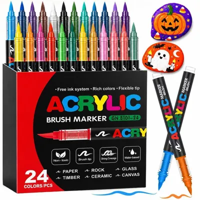 Zdjęcie produktu dla Markery akrylowe, 24 kolory, wodoodporne, na bazie wody, do malowania na kamieniu, drewnie, szkle i tkaninach