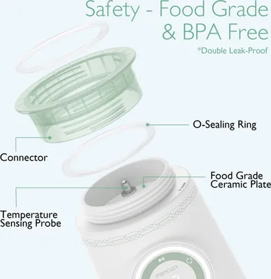 An exploded view diagram of a portable bottle warmer, highlighting its components and safety features.
