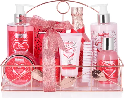 Produktbild von BRUBAKER Cosmetics 10dílná sada pro koupel a sprchování Raspberry Champagne - dárková sada v kovové poličce Rosé Gold