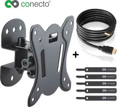 A product shot of a TV wall mount and accessories on a white background.