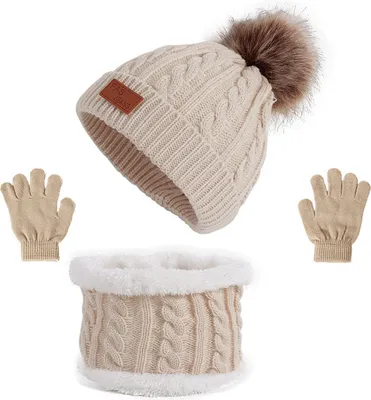 Produktbild von ASKSA Kinder Wintermütze Schal Handschuhe Mädchen Set Strickmütze Babymütze für Kinder 1-4 Jahre, Beige