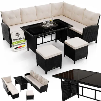 Produktbild von Juskys Polyrattan Lounge Manacor - Sofa, Tisch, Hocker & Kissen - Schwarz & Creme
