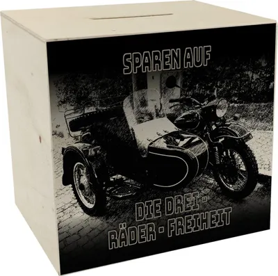 Produktbild von Oldtimermotorrad mit Beiwagen Spardose aus Holz mit Spruch: Sparen auf die drei