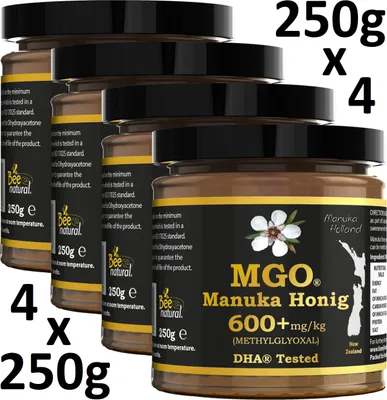 Produktbild von BEE NATURAL MGO 600+ PREMIUM MONOFLORAL NEUSEELAND MANUKA HONIG IN EINEM UMWELTFREUNDLICHEN ECHTGLASGEFÄß AUS NICHT GEFÄRBTEM GLAS * 1000G (4x 250G)
