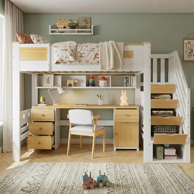 Produktbild von okwish Jugendbett 90×200 mit integriertem Schreibtisch und 4 Schubladen,Hochbett mit Stauraumtreppe, Einzelbett in Weiß,ohne Matratze