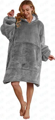 Produktbild von Unyqoos® Hoodie-Decke – wendbare Premium Fleece-Hoodie-Decke mit Kapuze & Tasche, One Size unisex, Plüsch innen, Hellgrau