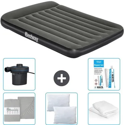 Zdjęcie produktu dla Materac dmuchany – Zweifel – 137 x 191 x 30 cm – zielony – z poszewką – poduszka – poszewka na poduszkę – pompka i zestaw naprawczy