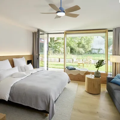 Obrázek produktu pro Stropní ventilátor AIORBER, 5 ABS lopatek, 42", 22W LED, 3000K-6500K, s dálkovým ovládáním, 6 rychlostí, časovač 1H/4H/8H, jídelna, obývací pokoj, modrý