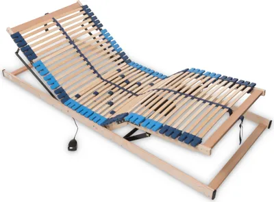A wooden adjustable bed frame with electric head and foot adjustments.