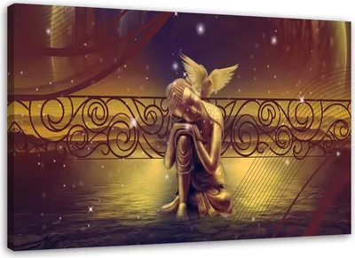 Produktbild von Leinwandbild buddha im vintage-stil zen spa 120x80 cm Feeby gold wandbild bereit zum aufhängen