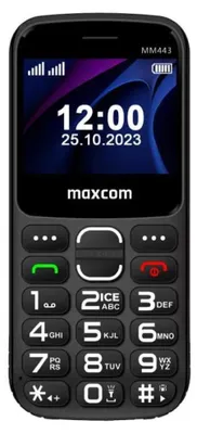 A close-up front view of a black Maxcom feature phone.