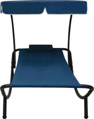 A blue chaise lounge with a canopy and pillow, shown from the front on a white background.