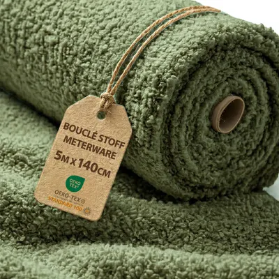 Produktbild von Teddystoff Bouclé Stoff Meterware – Möbelstoff Polsterstoff 5 m x 140 cm Olivgrün