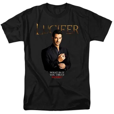 Immagine prodotto di Maglietta "Lucifer - Cosa Desideri?" unisex, taglia S, colore nero (modello TV38356), adatta sia per uomo che per donna