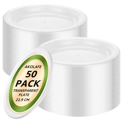 Zdjęcie produktu dla Omgoods - Talerze jednorazowe, 50 sztuk - Wielokrotnego użytku, plastikowe - Przezroczyste - 22,9 cm - Wytrzymałe - Idealne na imprezy - Plastikowe talerze