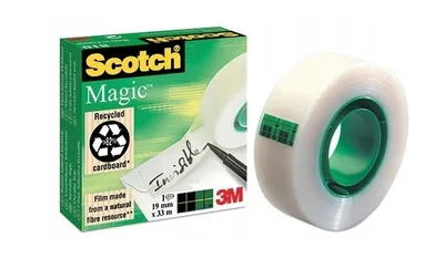 A box of Scotch Magic tape and a roll of the tape are shown against a white background.