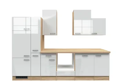 Produktbild von Küchenzeile ohne E-Geräte - 310 cm breit - Hochglanz Weiß Sonoma Eiche – Valencia