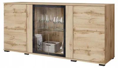 Zdjęcie produktu dla Komoda 150 cm nowoczesna witryna ze szkłem i szuflady wotan mat