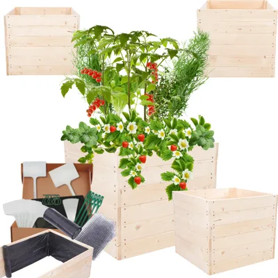 Produktbild von MODO24 Hochbeet Holz, Pflanzkasten, Massivholz, Kiefer, Kräuterbeet, Blumenkasten, Garten, Terrasse, 54x63x60 cm, Natur, ZP06