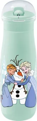 A baby bottle with Frozen characters Elsa, Anna, and Olaf printed on it.