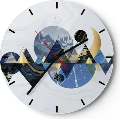 Produktbild von Wanduhr - Rund - Glasuhr - Abstraktion Geometrisch Berge - 40x40cm - Schleichendes Uhrwerk - Lautlos - zum Aufhängen bereit - Dekoration Modern - Wanddekoration aus Glas - C3AR40x40-4814