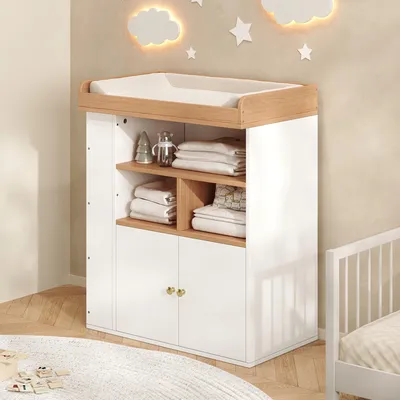 Immagine prodotto di Comò per il cambio del bambino STILVORA, con sponde removibili, dotato di spazio contenitivo e cassetti. Tavolo da fasciatoio 2-in-1, senza piano da fasciatoio