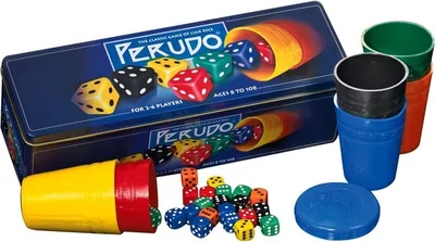 A game of dice and cups, with the game box in the background.