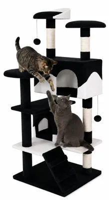 Image de lionto Arbre à chat, grand arbre à chat & à jeux de 130 cm avec 2 grottes, escalier, 3 surfaces de repos & troncs en sisal, noir/blanc