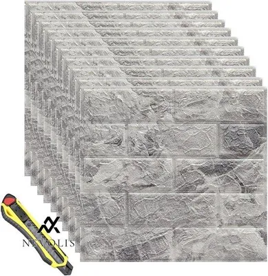 Immagine prodotto di Set da 10 pannelli murali 3D effetto pietra per la cucina - Autoadesivi - Grigio - 35 x 38,5 cm - Impermeabili - Arredamento per cucina e camera da letto