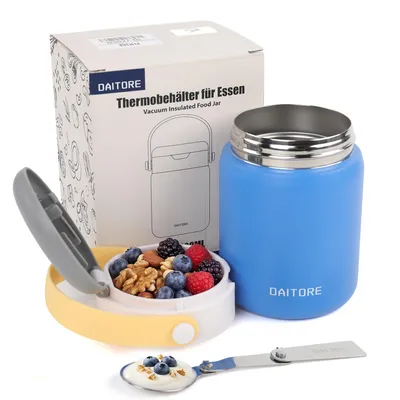 Image de Thermos en acier inoxydable 304 de 480 ml, avec cuillère, étanche, maintient les aliments chauds pendant 5 heures et froids pendant 8 heures, sans BPA, à double paroi isolante, idéal pour le bureau, l'école, les voyages, usage polyvalent