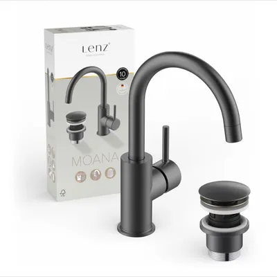 Produktbild von Lenz MOANA Waschtischarmatur Graphit, Einhebelmischer mit 360° Schwenkauslauf, Pop-Up Ventil, Keramikkartusche, Gäste-WC 46012331