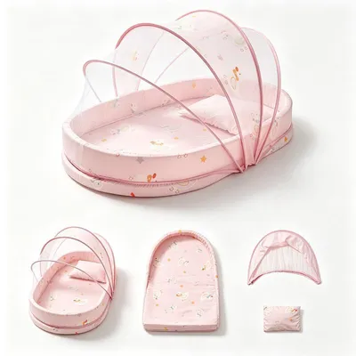 Produktbild von Baby Mückennetz für Neugeborene, Bettchen mit Insektenschutz, faltbar mit stabilem 4-Stangen-Rahmen, Rosa Ente