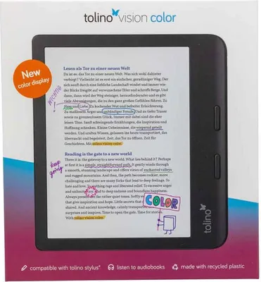 Produktbild von Tolino 4016621130183, 17,8 cm (7"), E-Tinte Kaleido, 1264 x 1680 Pixel, 4096 Farben, CBR, CBZ, EPUB, MOBI, PDF, TXT, JPEG, PNG