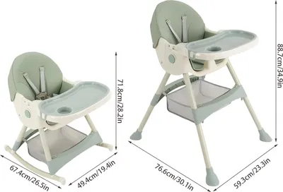 Image de Chaise haute pour bébé/enfant - Pliable et portable - 3 en 1 - Double plateau - Dossier et plateau réglables sur 3 positions - Pour les enfants de 6 à 36 mois - Jusqu'à 15 kg - Vert