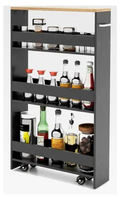 Produktbild von Schmaler Küchenwagen auf Rollen, Nischenregal 13 cm breit, 4 Etagen Servierwagen, Nischenwagen mit Griff und Geländern, Badregal Holz für Küche und Badezimmer, 47,5 x 13 x 80,5 cm (Grau+Natur)
